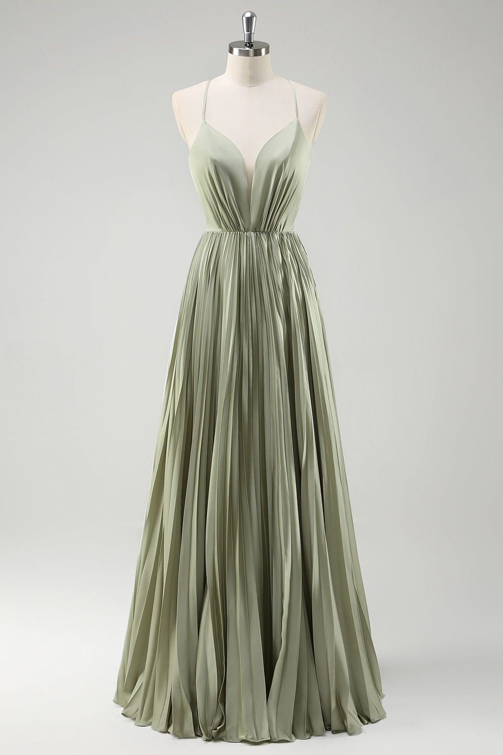 Spaghetti Straps Grey Green A-Line Pleated Satin Bridesmaid Dress