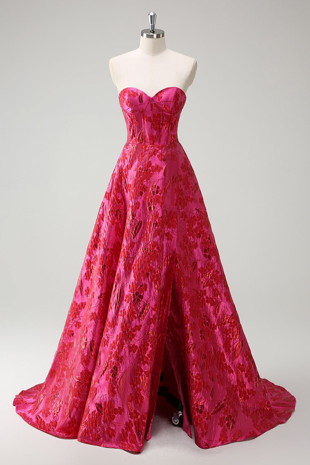 Fuchsia Sweetheart Corset Floral Ball Gown Prom Dress with Slit