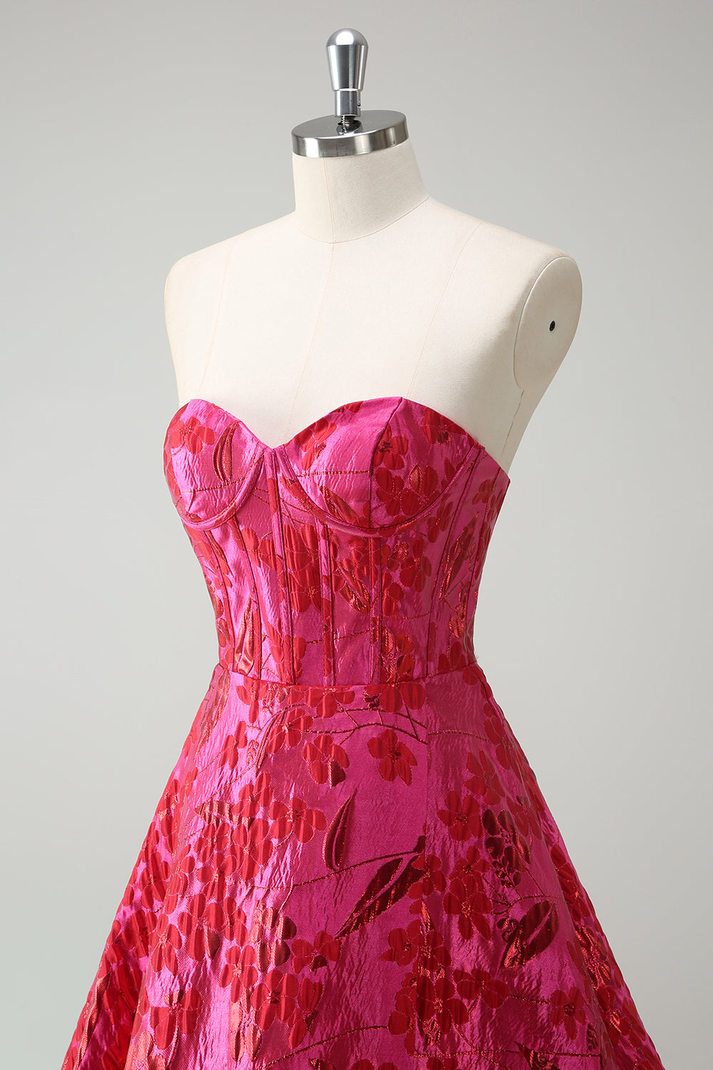 Fuchsia Sweetheart Corset Floral Ball Gown Prom Dress with Slit