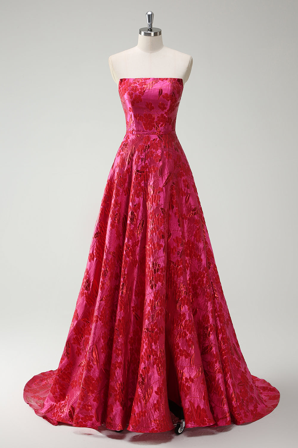 Princess Fuchsia Strapless Floral Ball Gown Prom Dress with Slit
