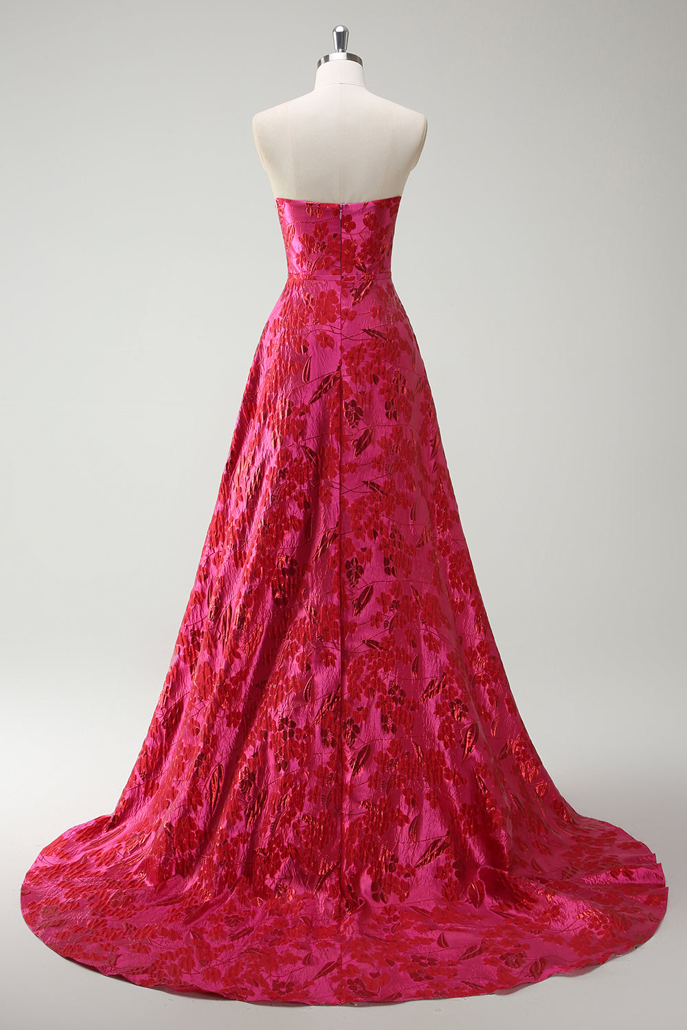 Princess Fuchsia Strapless Floral Ball Gown Prom Dress with Slit