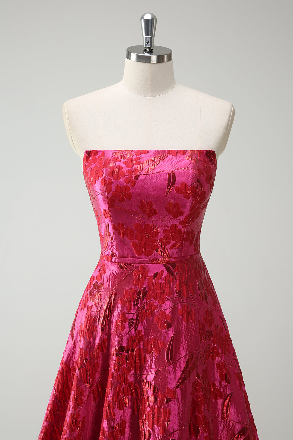 Princess Fuchsia Strapless Floral Ball Gown Prom Dress with Slit