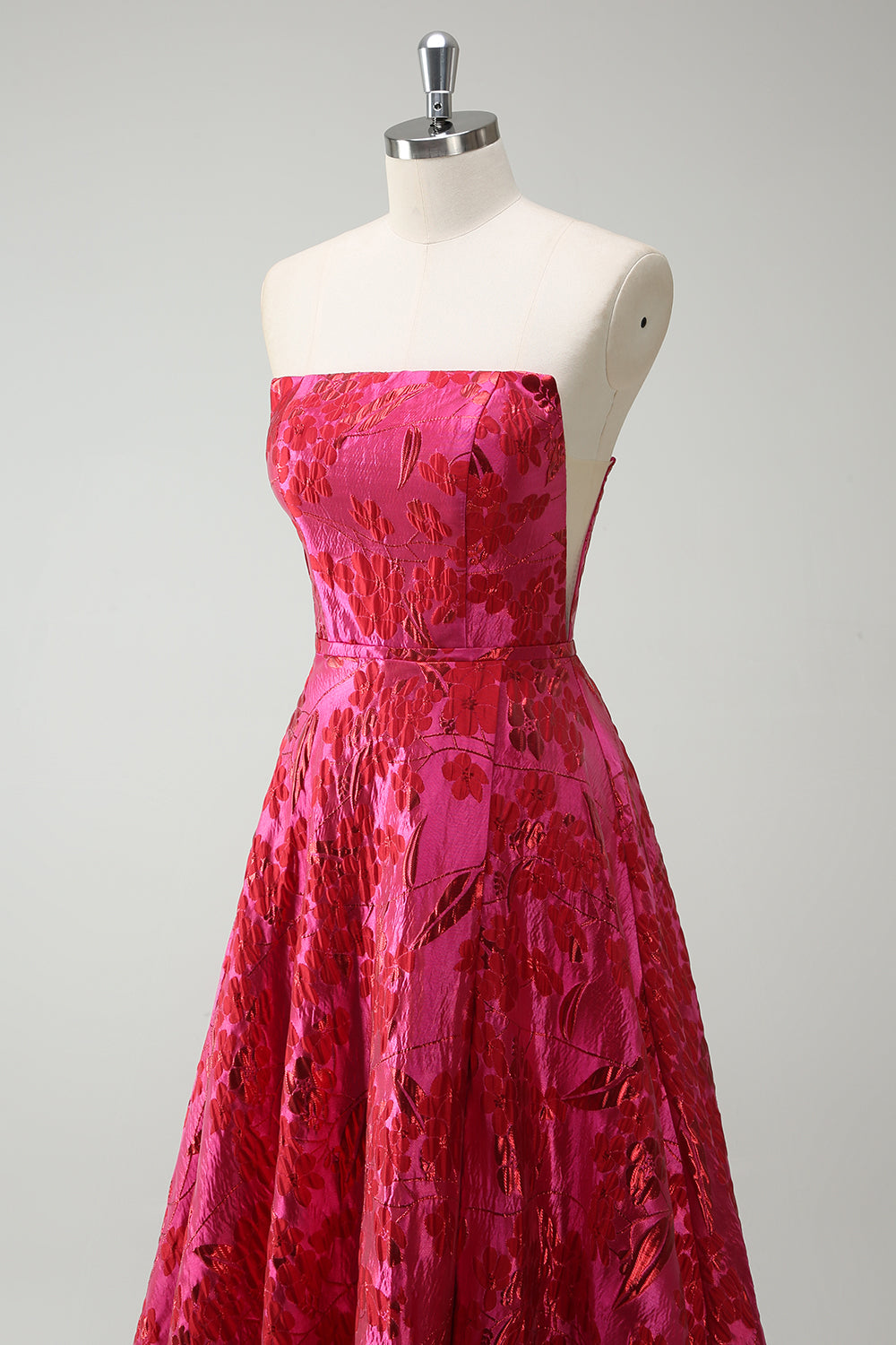 Princess Fuchsia Strapless Floral Ball Gown Prom Dress with Slit