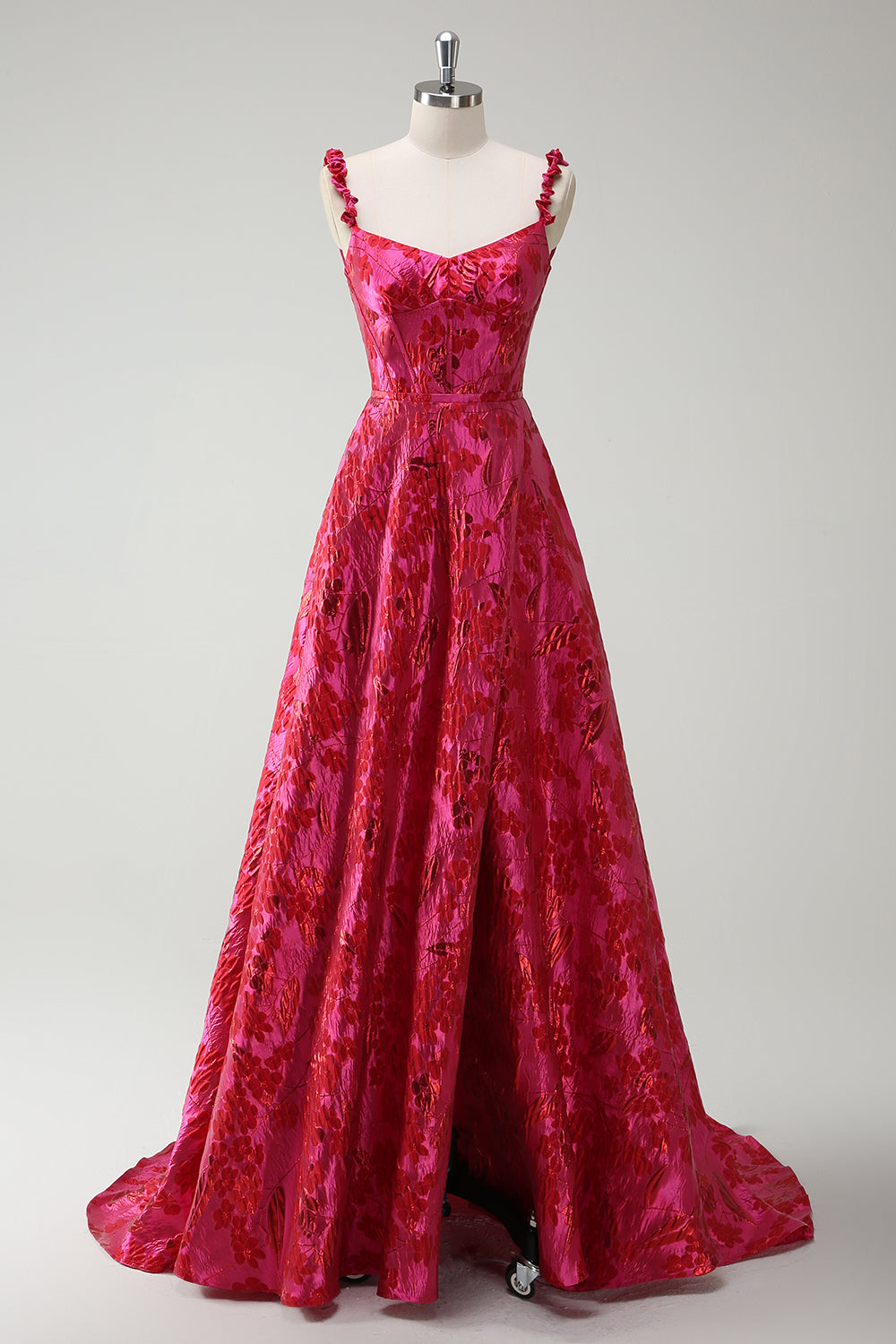Fuchsia Spaghetti Straps Corset Floral Ball Gown Prom Dress with Slit