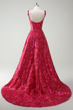 Fuchsia Spaghetti Straps Corset Floral Ball Gown Prom Dress with Slit