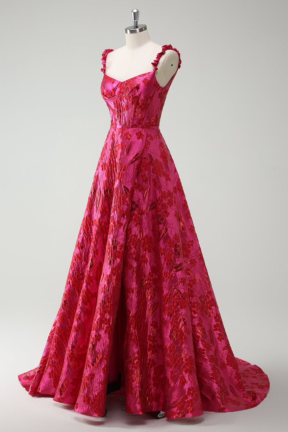 Fuchsia Spaghetti Straps Corset Floral Ball Gown Prom Dress with Slit