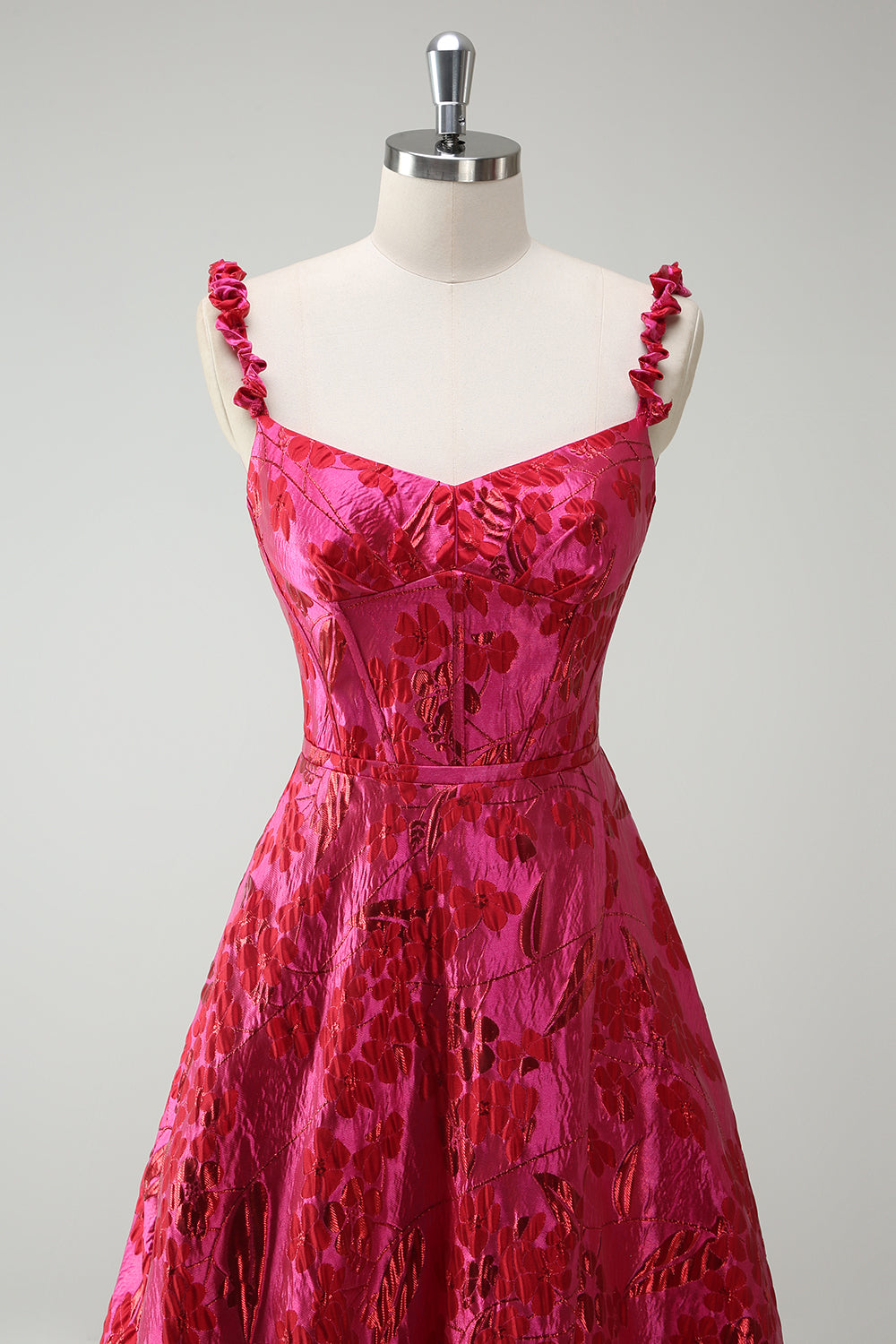 Fuchsia Spaghetti Straps Corset Floral Ball Gown Prom Dress with Slit