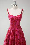 Fuchsia Spaghetti Straps Corset Floral Ball Gown Prom Dress with Slit