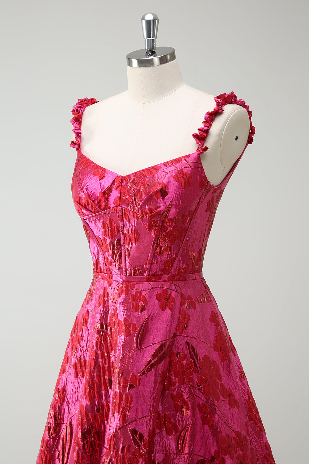 Fuchsia Spaghetti Straps Corset Floral Ball Gown Prom Dress with Slit