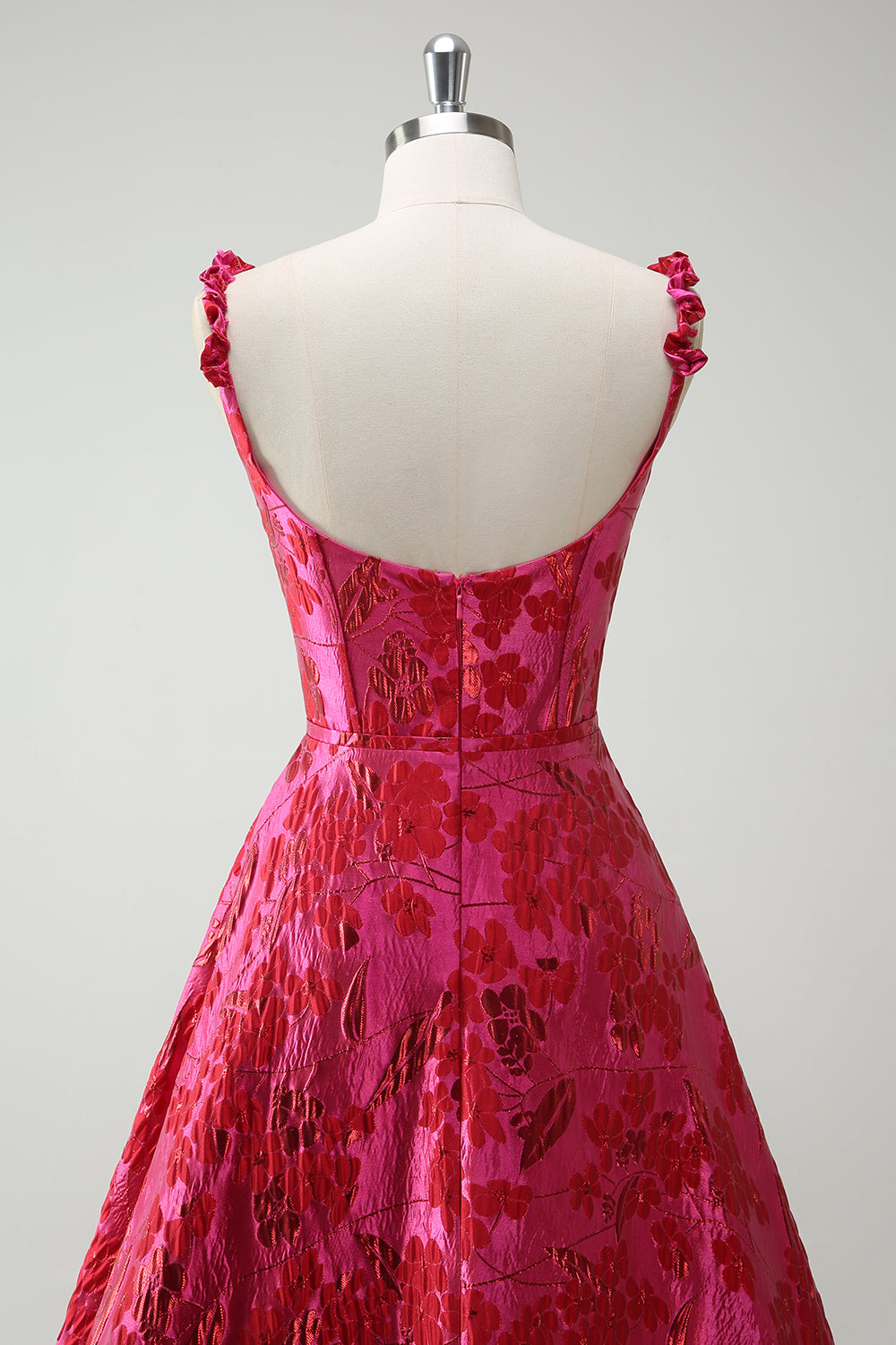 Fuchsia Spaghetti Straps Corset Floral Ball Gown Prom Dress with Slit