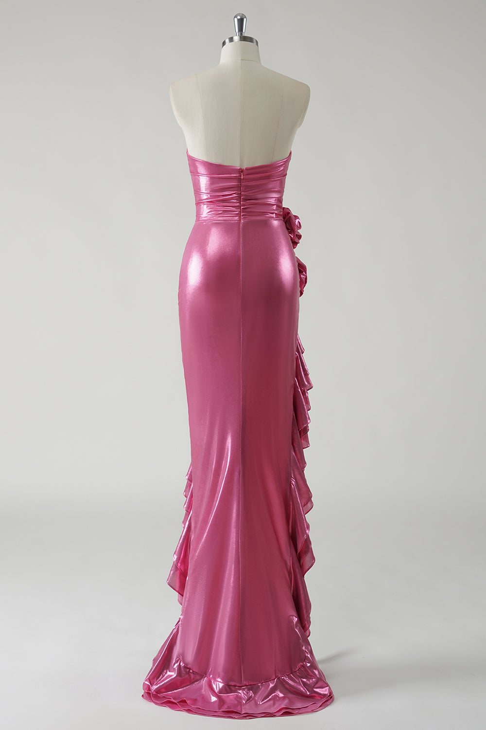 Fuchsia Strapless Metallic Flower Ruffled Prom Dress with Slit