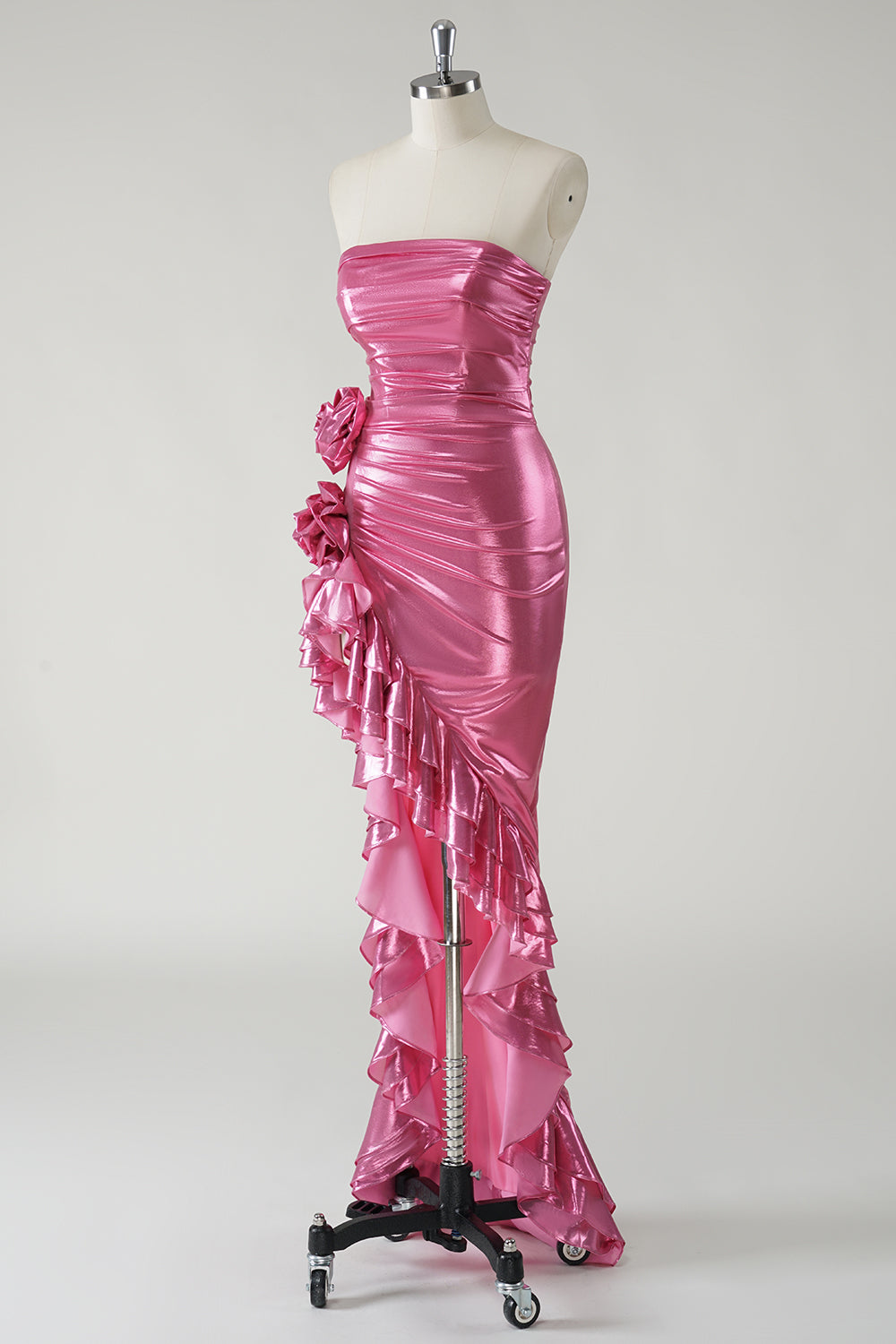 Fuchsia Strapless Metallic Flower Ruffled Prom Dress with Slit