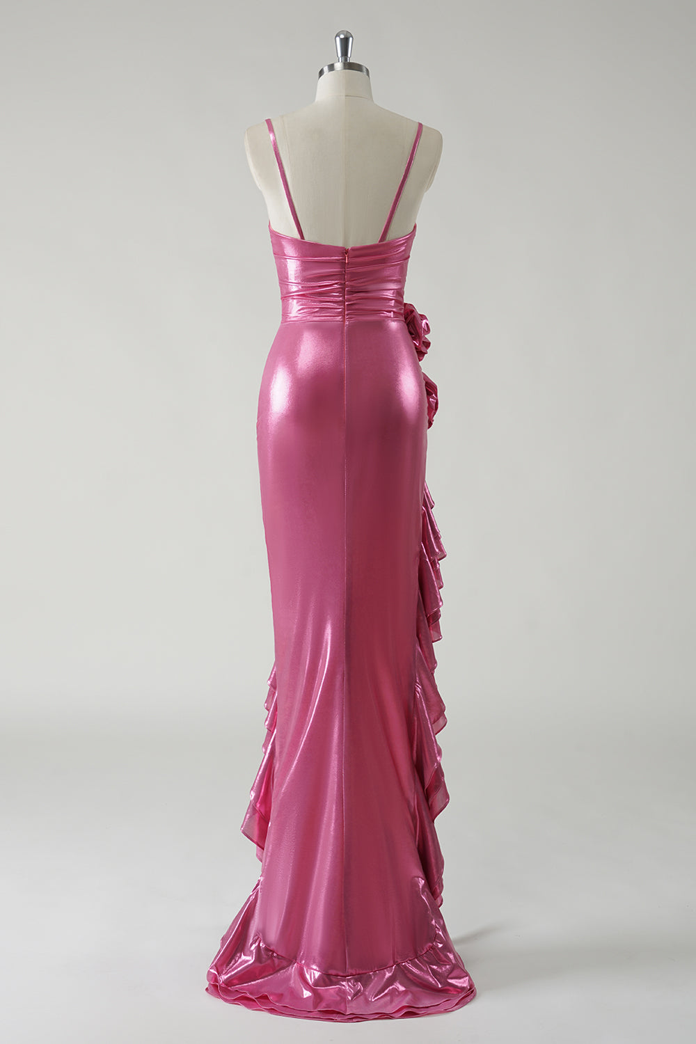 Fuchsia Strapless Metallic Flower Ruffled Prom Dress with Slit