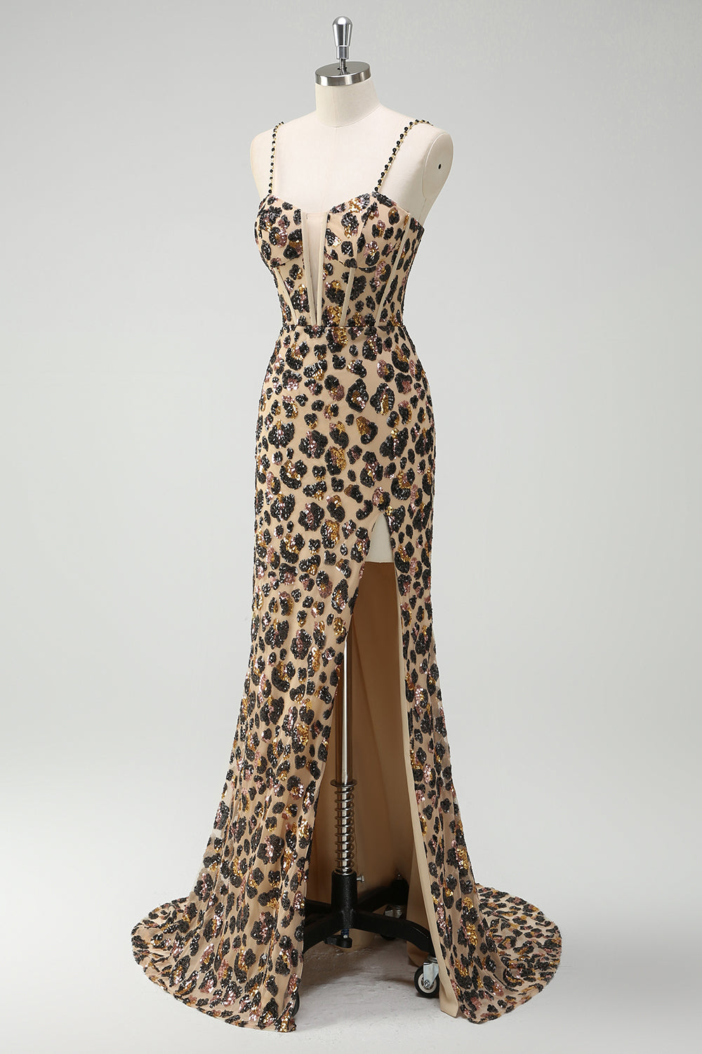 Kahki Leopard Printed Corset Mermaid Formal Dress with Slit