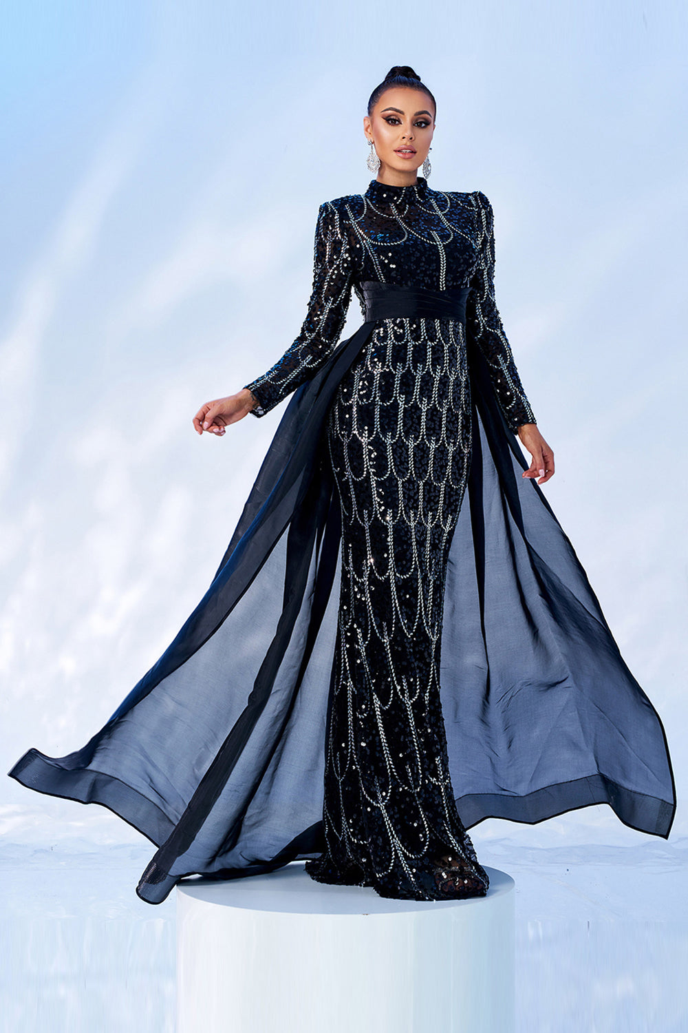 Gorgeous Black Mermaid High Neck Long Sleeves Beaded Prom Dress