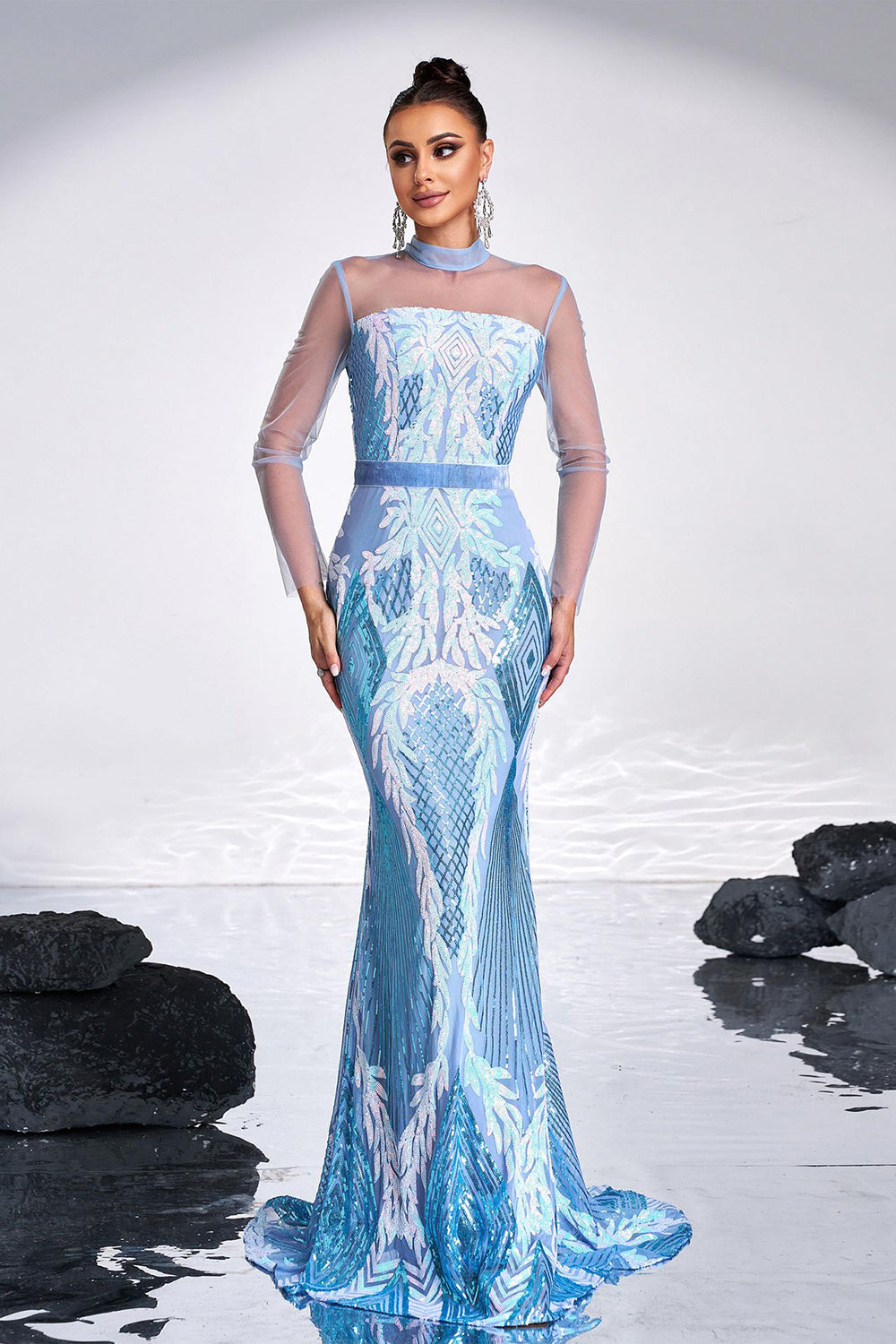 Light Blue Mermaid Sequined Illusion Sleeves Prom Dress
