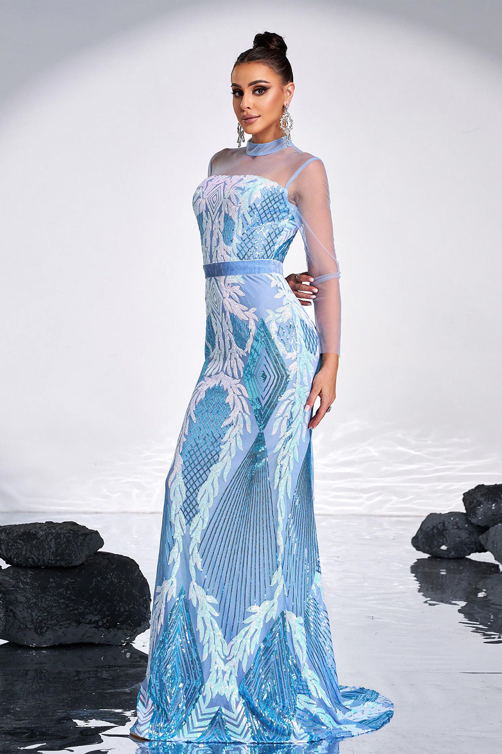 Light Blue Mermaid Sequined Illusion Sleeves Prom Dress