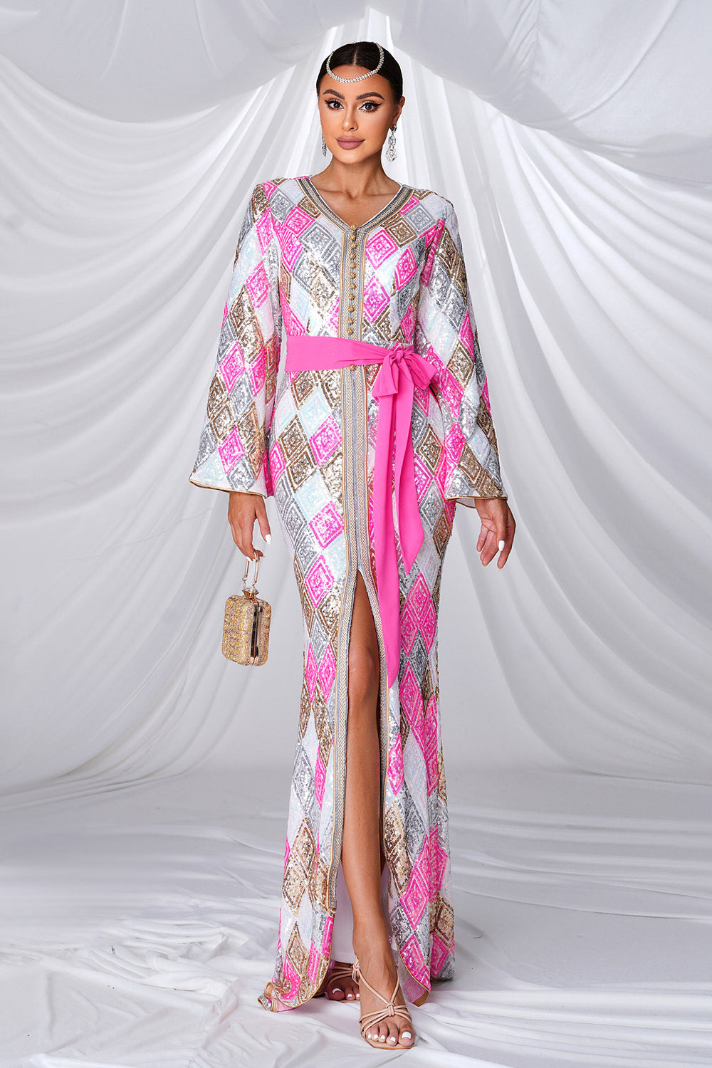 Pink Mermaid V Neck Long Sleeves Floral Prom Dress with Slit