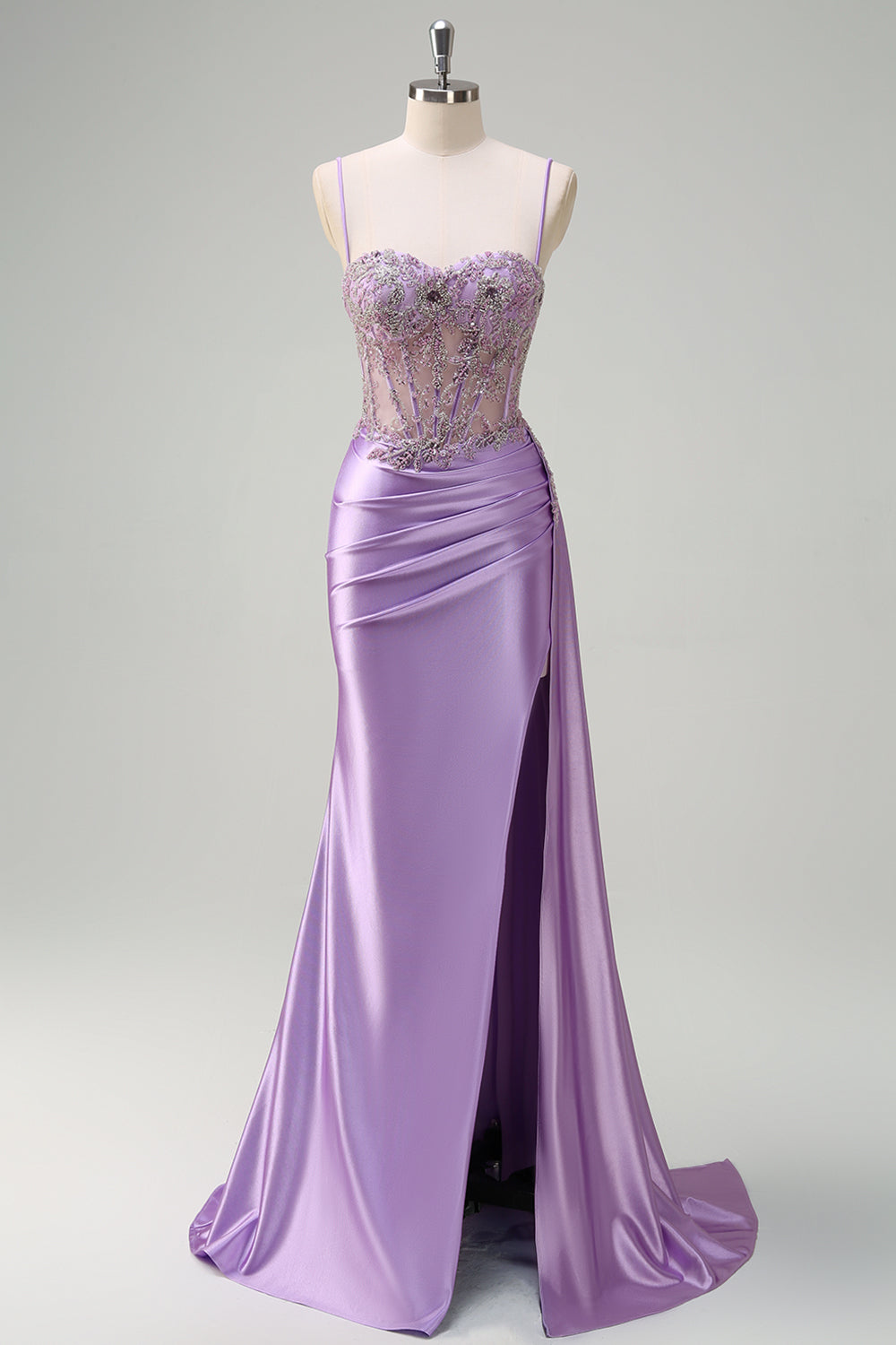 Purple Corset Beaded Applique Mermaid Satin Watteau Train Prom Dress