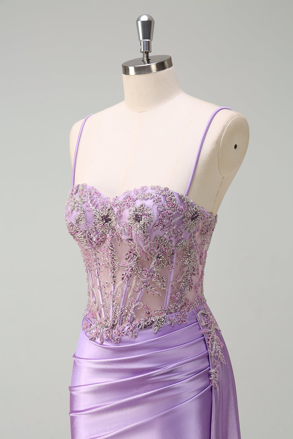 Purple Corset Beaded Applique Mermaid Satin Watteau Train Prom Dress