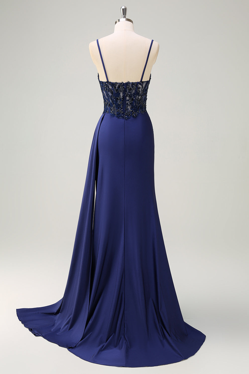 Navy Spaghetti Straps Beaded Satin Mermaid Prom Dress with Side Cape