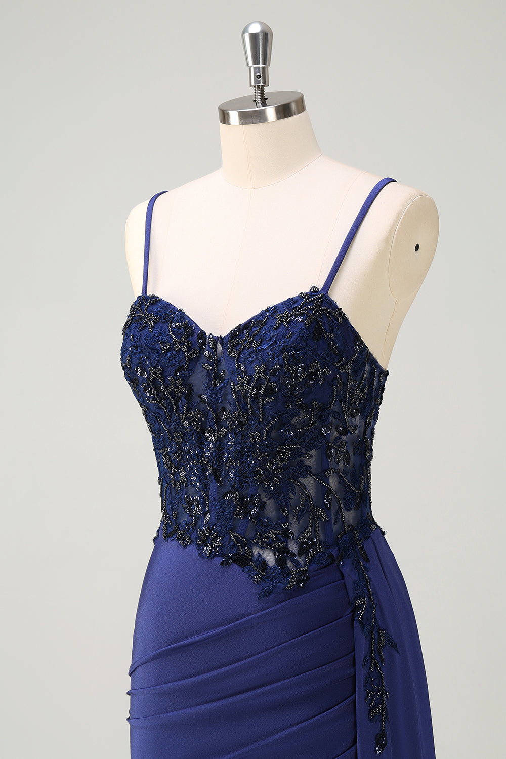 Navy Spaghetti Straps Beaded Satin Mermaid Prom Dress with Side Cape