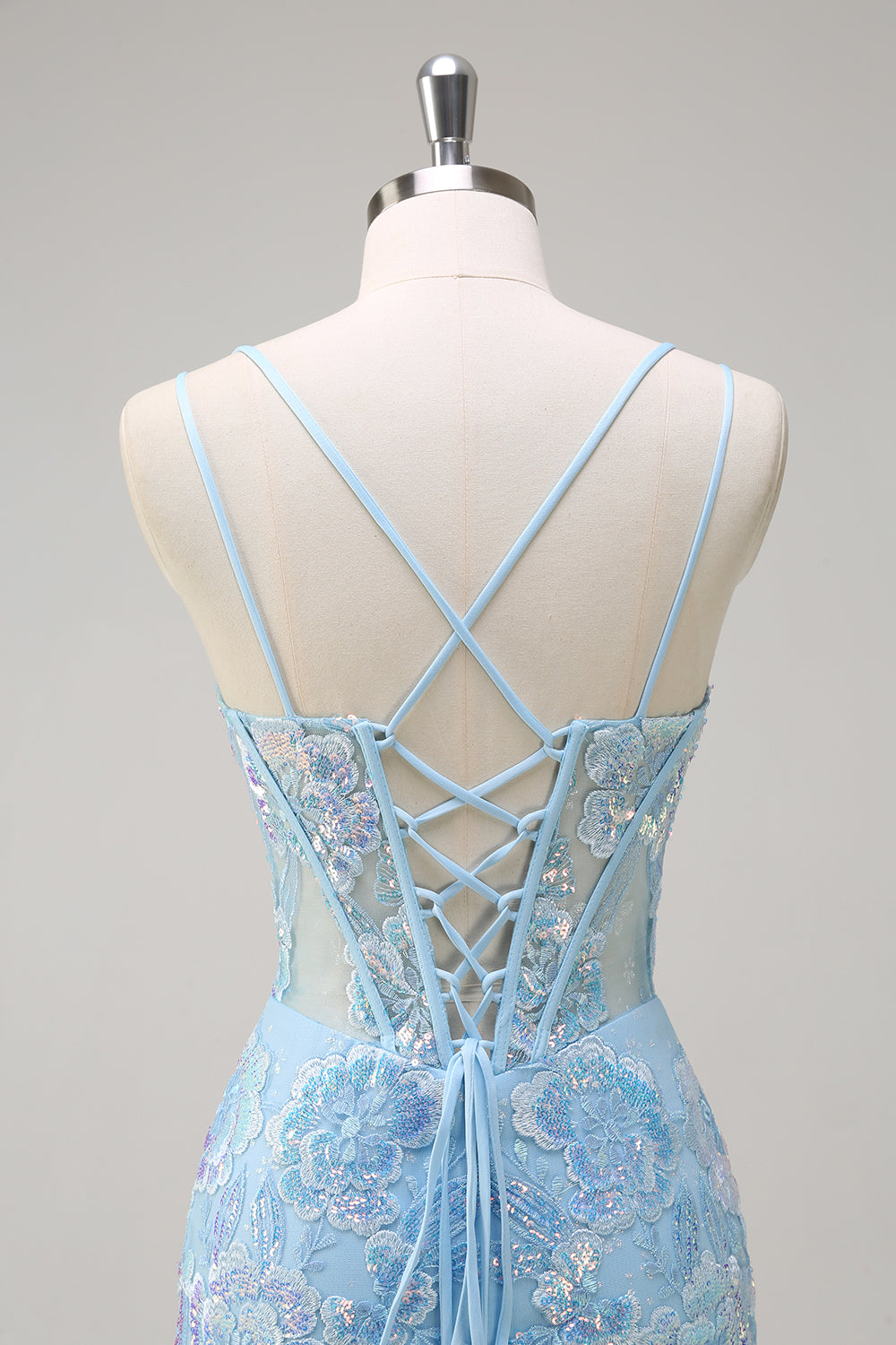 Sparkly Blue Corset Sequined Mermaid Prom Dress with Lace Up Back