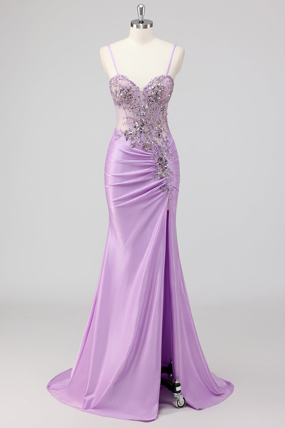 Sparkly Navy Mermaid Sequin Beaded Corset Maxi Prom Dress with Slit