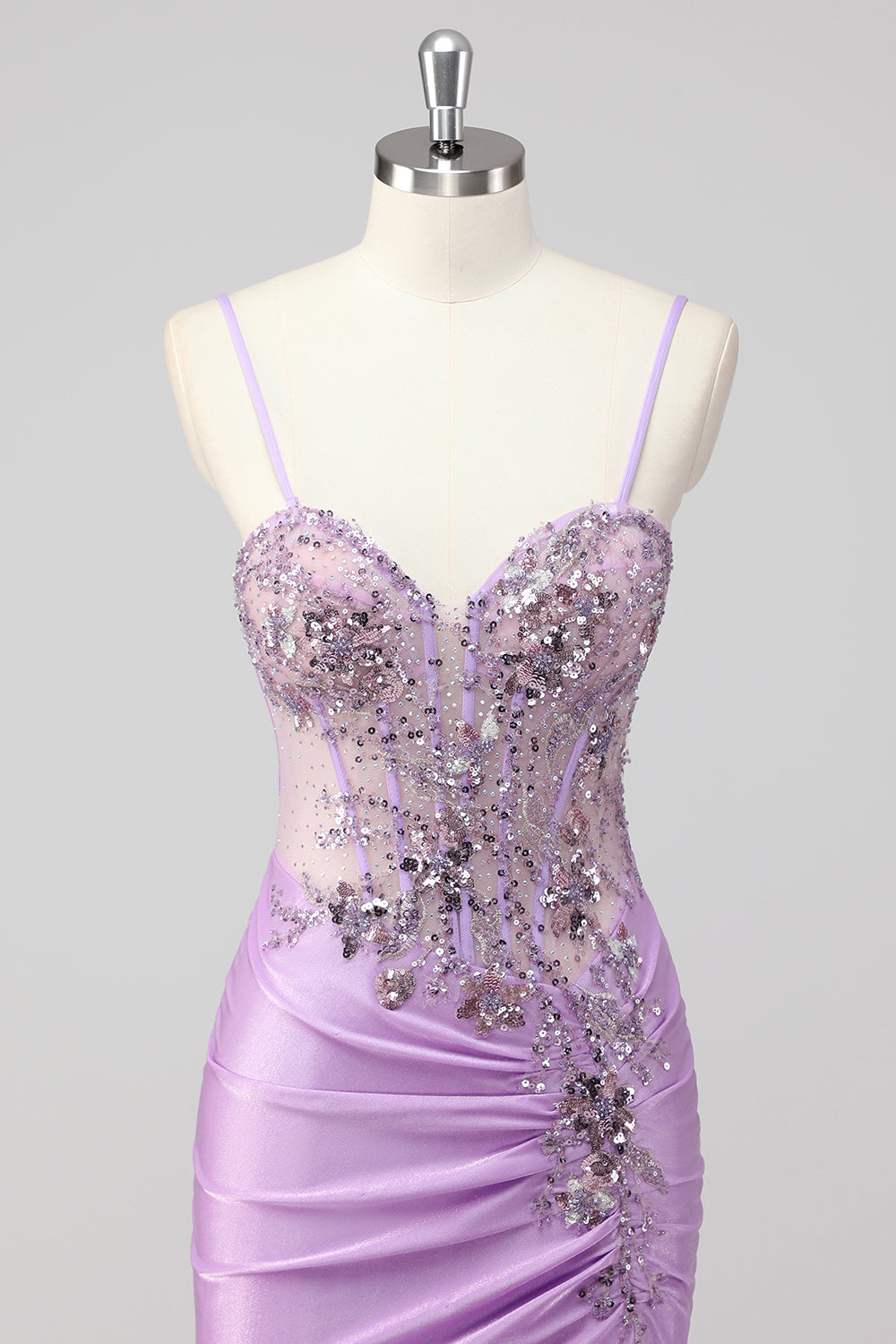 Sparkly Navy Mermaid Sequin Beaded Corset Maxi Prom Dress with Slit