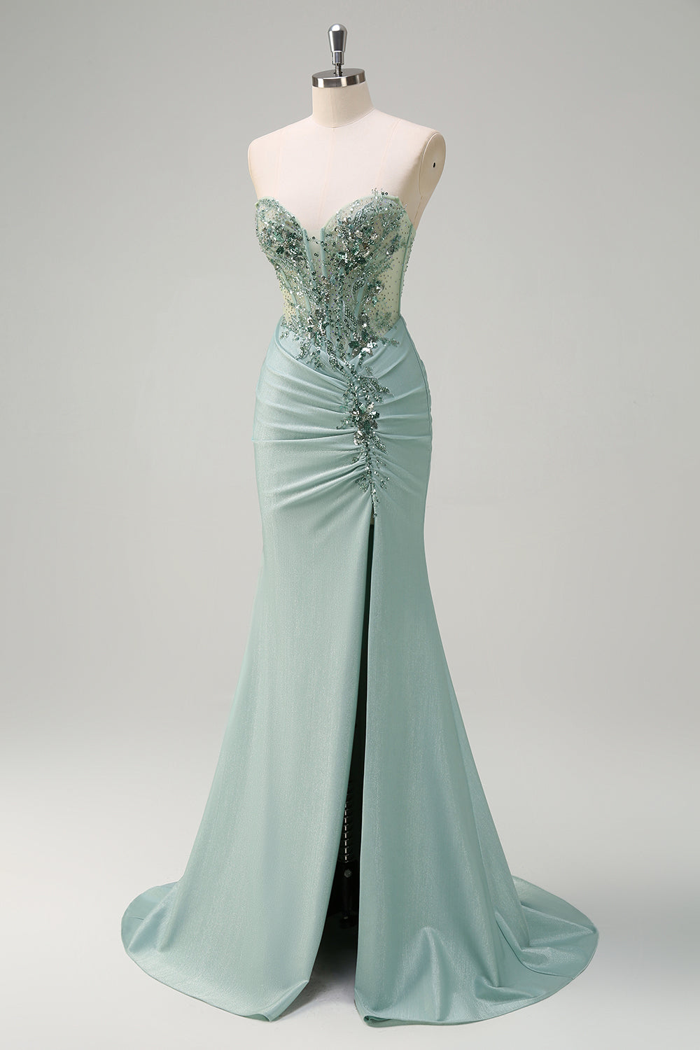 Sparkly Navy Mermaid Sequin Beaded Corset Maxi Prom Dress with Slit