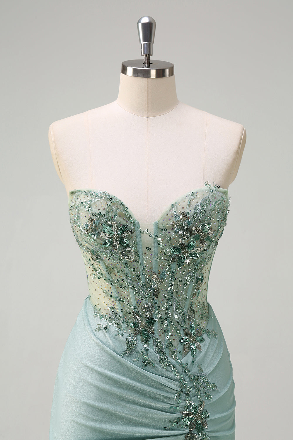Sparkly Navy Mermaid Sequin Beaded Corset Maxi Prom Dress with Slit