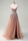 Lavender Corset Beaded Tulle Maxi Prom Dress with Slit