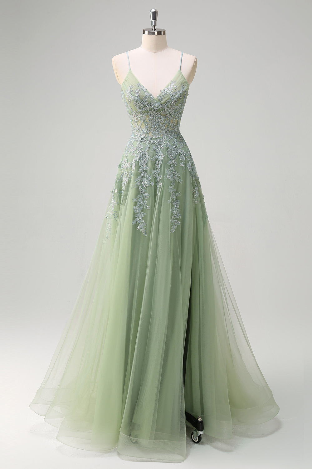 Lavender Corset Beaded Tulle Maxi Prom Dress with Slit