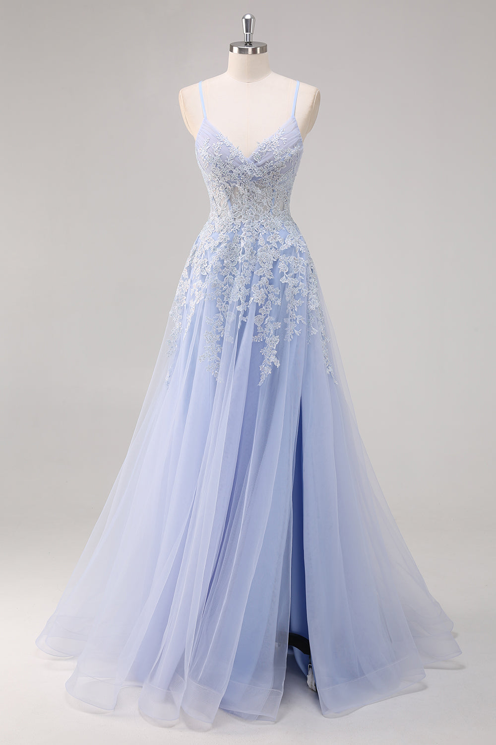 Lavender Corset Beaded Tulle Maxi Prom Dress with Slit