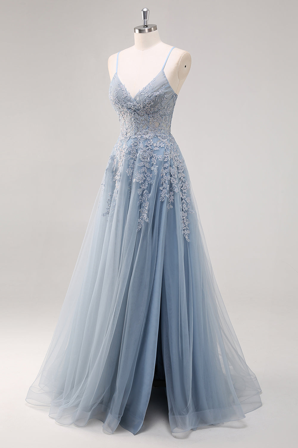 Lavender Corset Beaded Tulle Maxi Prom Dress with Slit