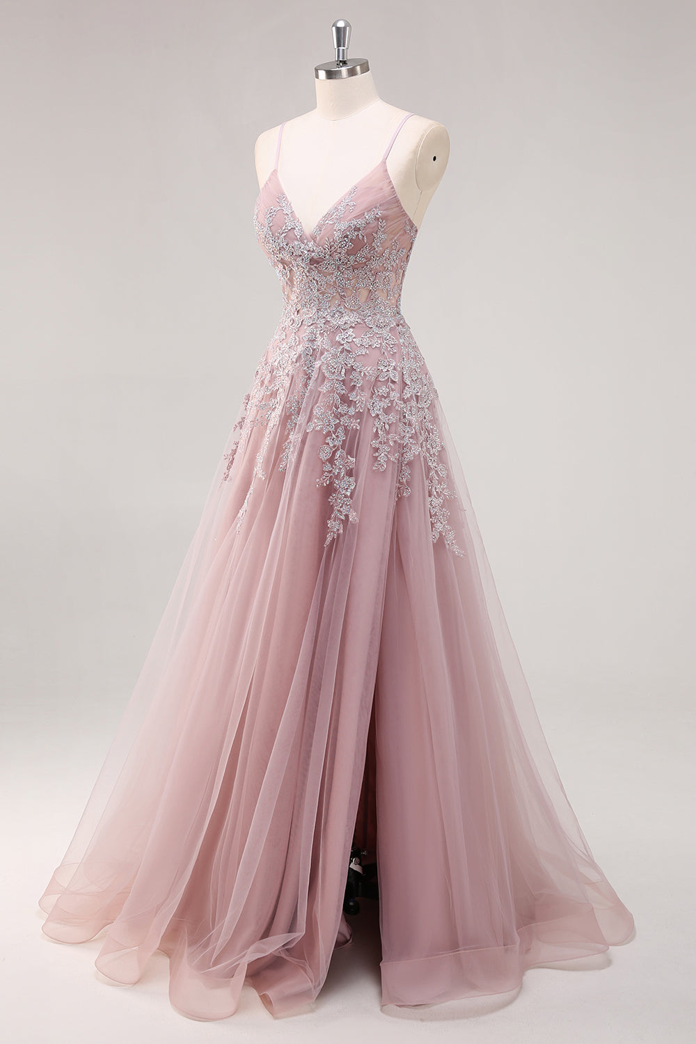 Lavender Corset Beaded Tulle Maxi Prom Dress with Slit