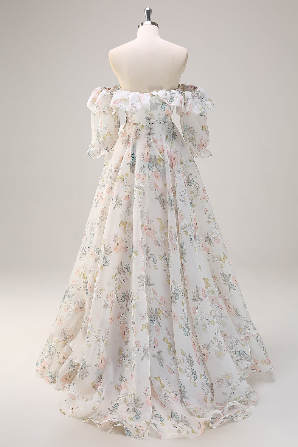 White Floral Off the Shoulder Corset Ruffled A-Line Prom Dress