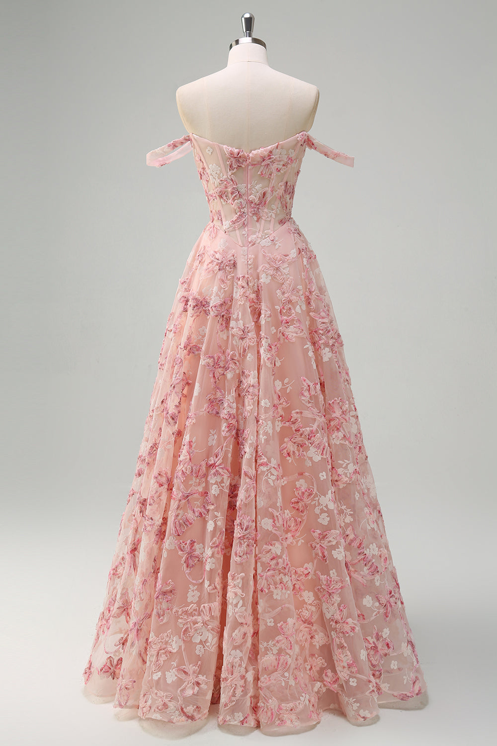 Pink Off the Shoulder Corset A-Line Floral Prom Dress with Slit