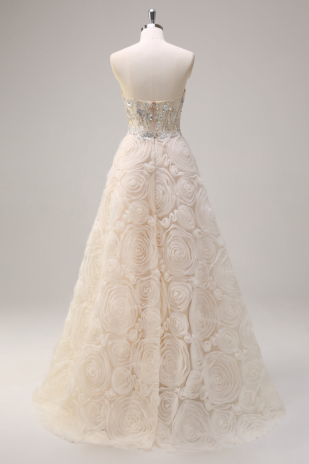 Shallow Champagne Corset Sequined A-Line 3D Flower Prom Dress