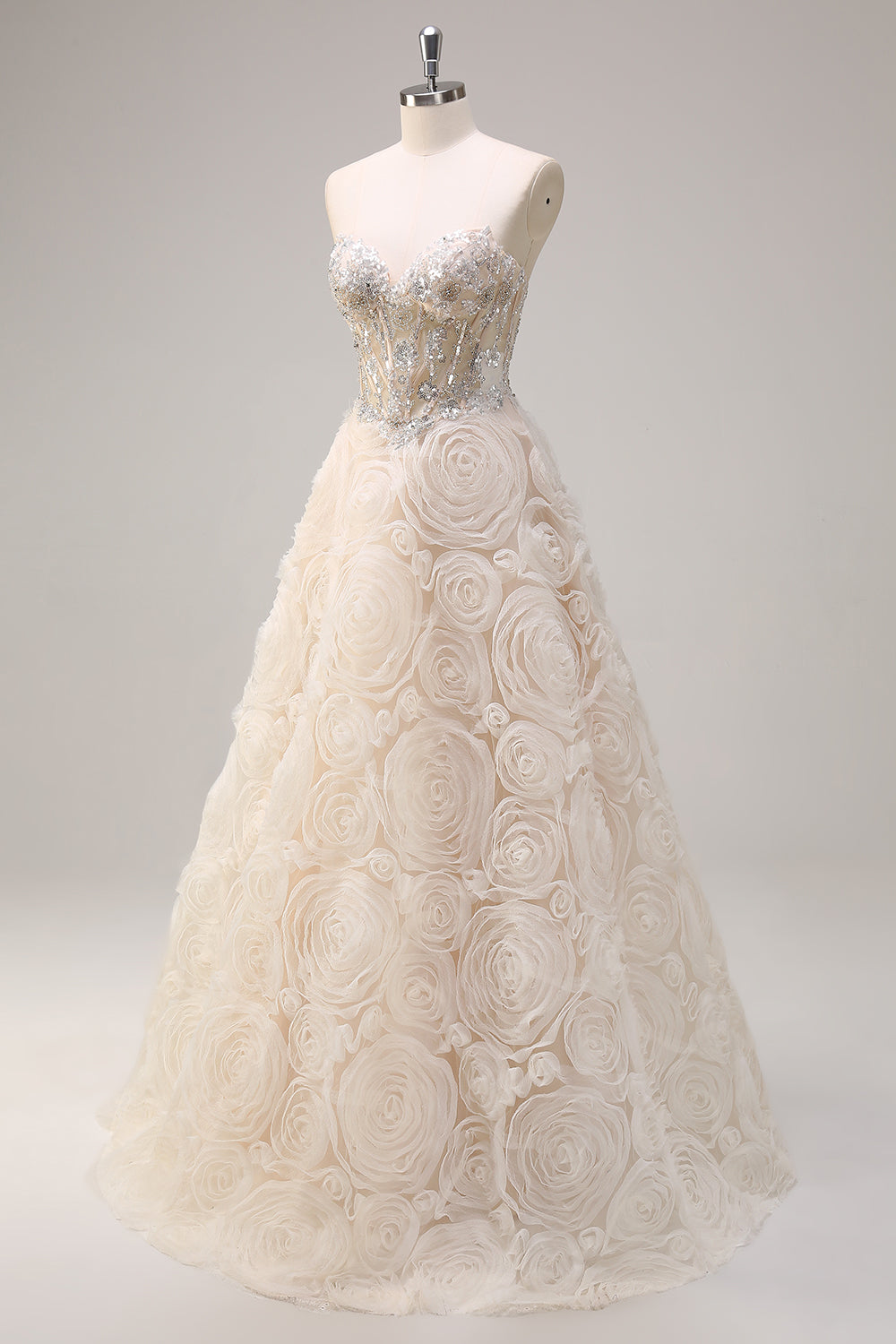 Shallow Champagne Corset Sequined A-Line 3D Flower Prom Dress