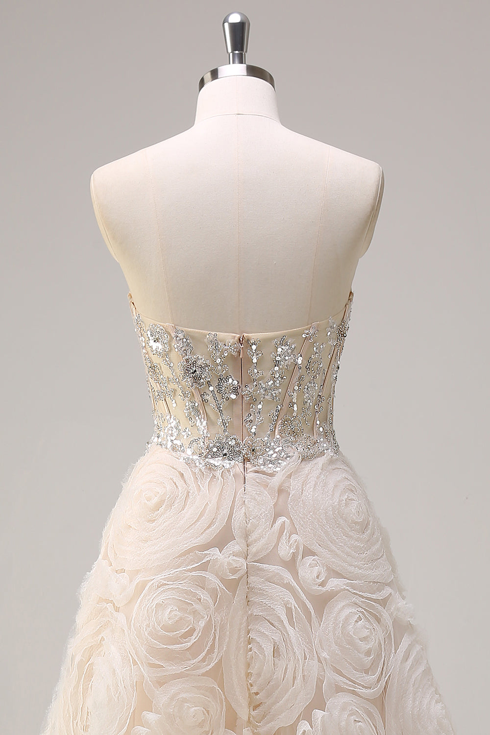 Shallow Champagne Corset Sequined A-Line 3D Flower Prom Dress