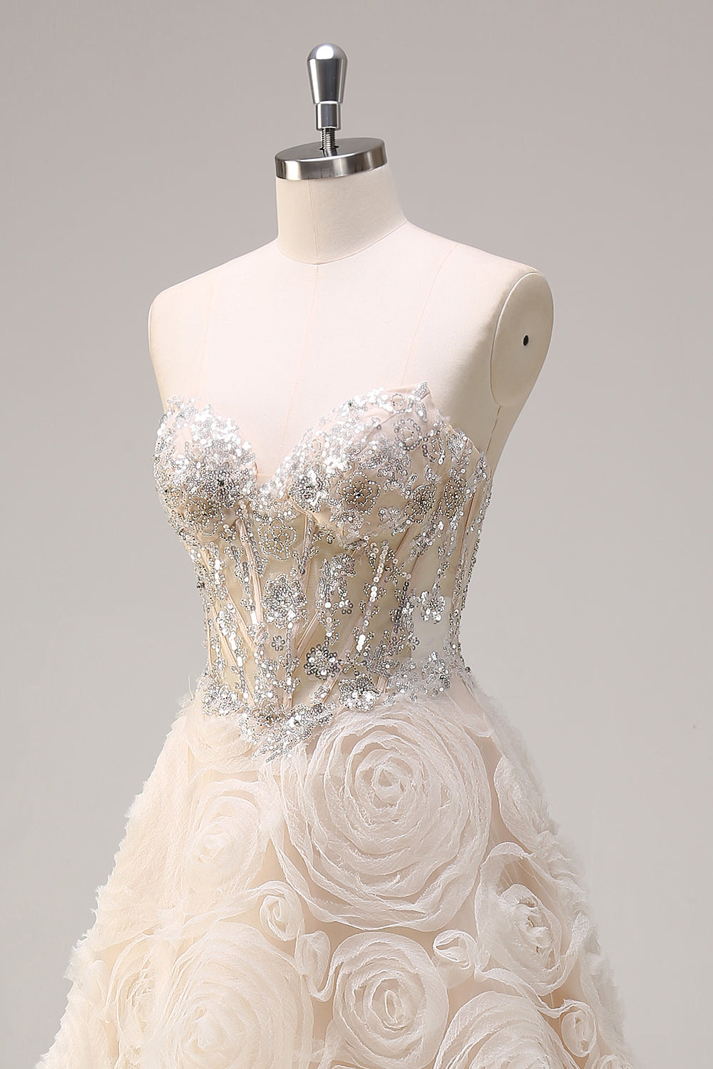 Shallow Champagne Corset Sequined A-Line 3D Flower Prom Dress