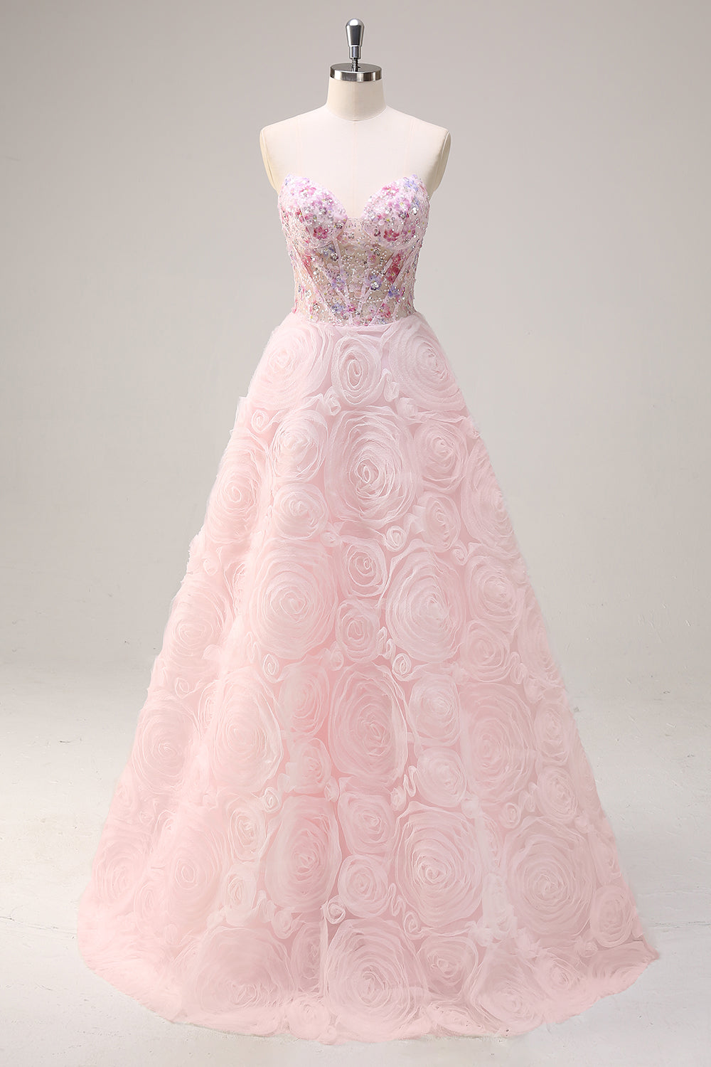 Pink Corset Sequined Applique Ball Gown Prom Dress with Pockets