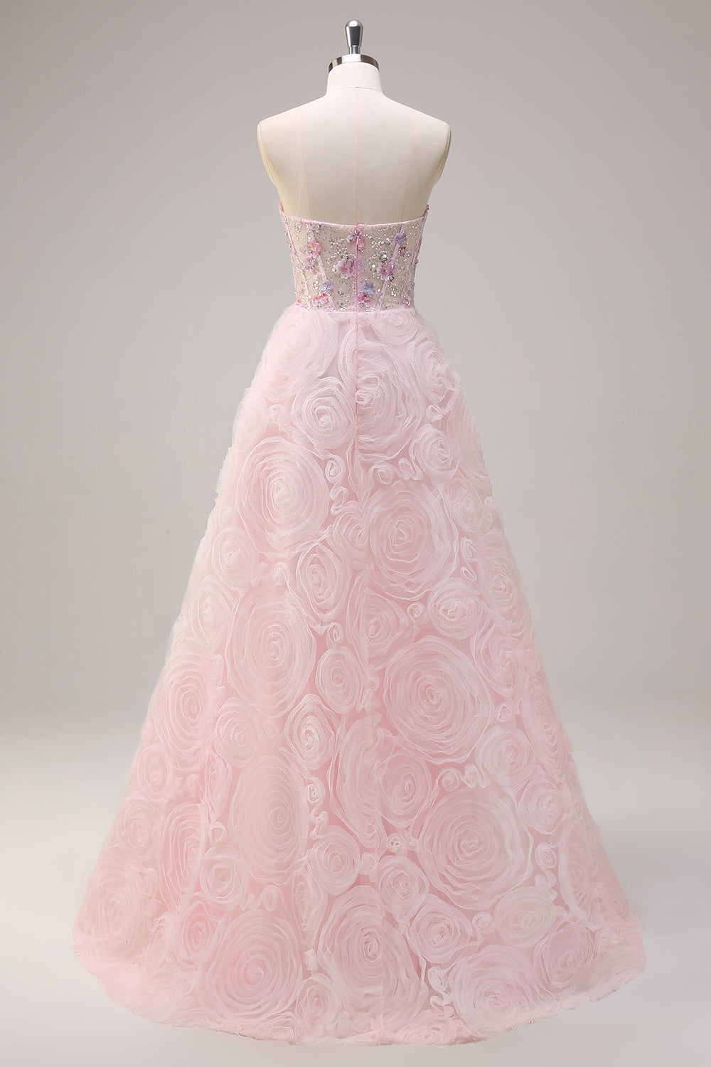 Pink Corset Sequined Applique Ball Gown Prom Dress with Pockets