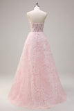 Pink Corset Sequined Applique Ball Gown Prom Dress with Pockets