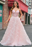 Pink Corset Sequined Applique Ball Gown Prom Dress with Pockets