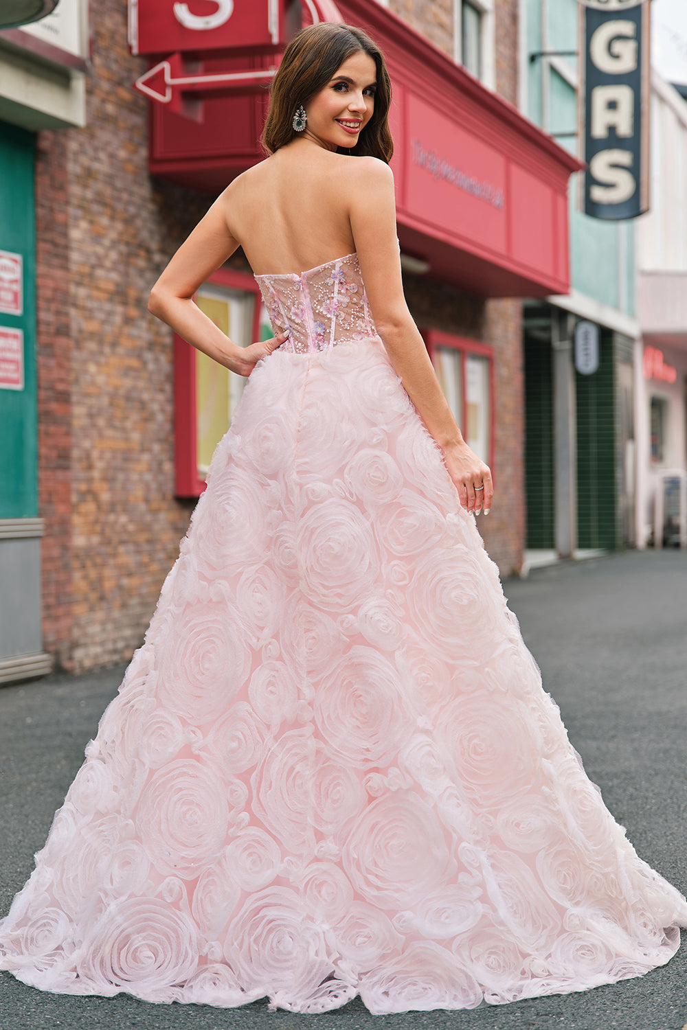 Pink Corset Sequined Applique Ball Gown Prom Dress with Pockets