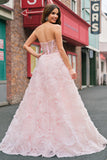 Pink Corset Sequined Applique Ball Gown Prom Dress with Pockets