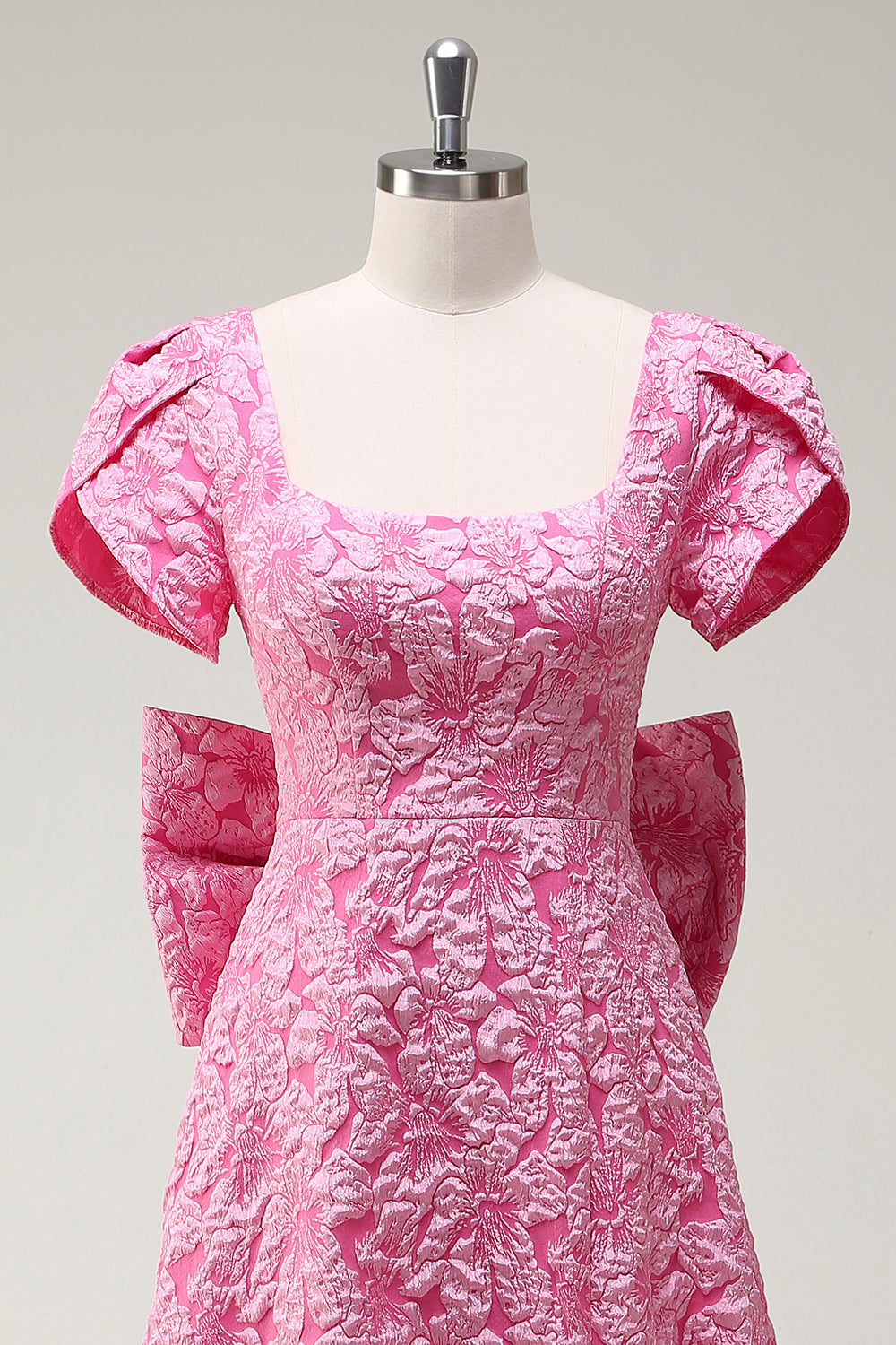 Fuchsia Floral Printed A-Line Bow Prom Dress with Slit