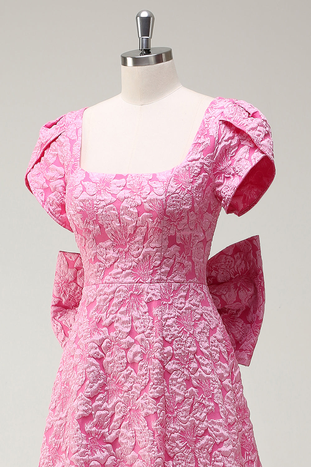 Fuchsia Floral Printed A-Line Bow Prom Dress with Slit